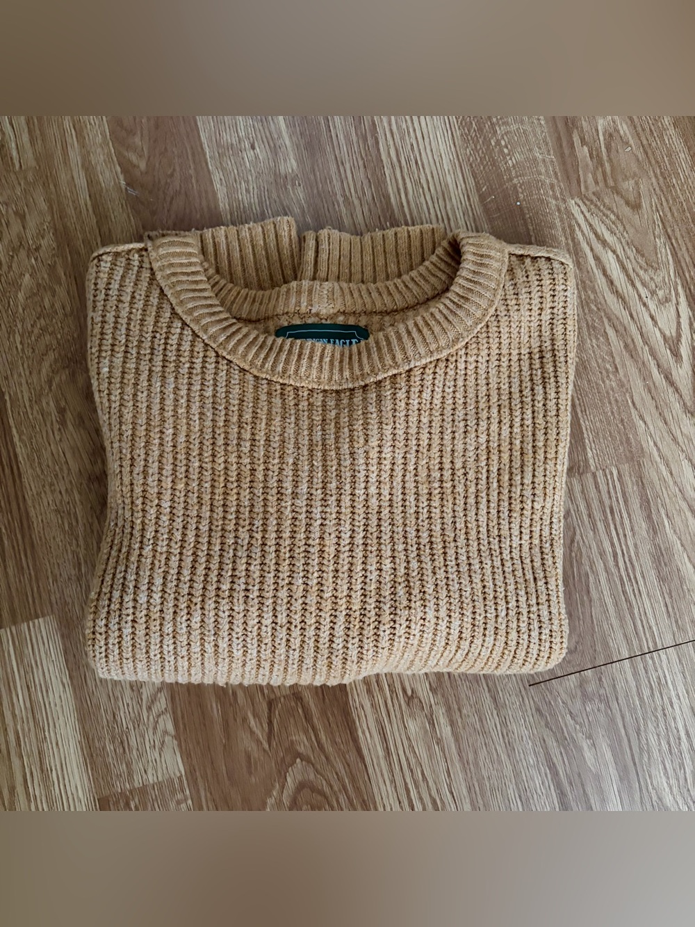 American Eagle Oversized Crewneck Chunky Knit Cropped Wool Blend Sweater - Camel
